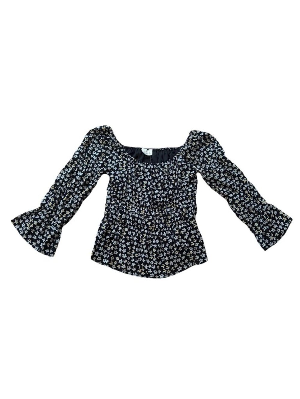 Floral Daisy Print Blouse Long Sleeve Scoop Neck Women's Medium Stretch Peplum